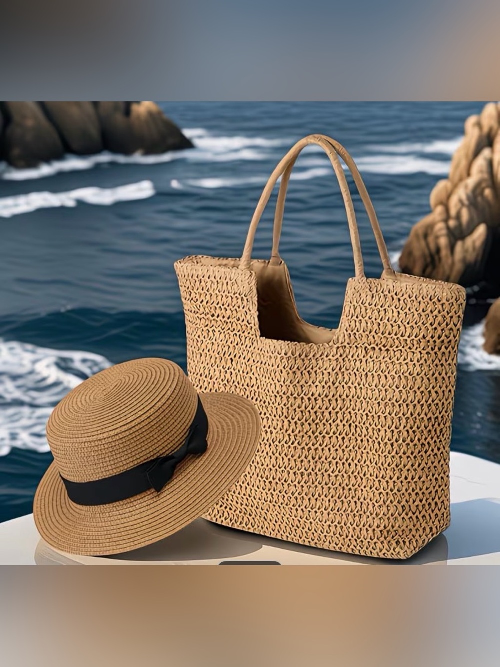 NWT Summer Straw Beach Bag & Boater Hat Matching Set ๐